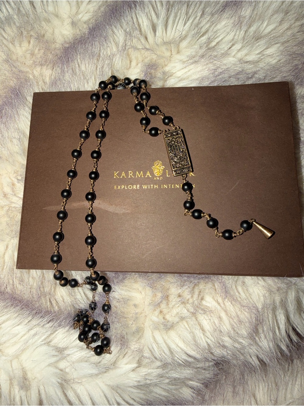 Karma and Luck Black Bead Rosary-Style Necklace with Gold Accents